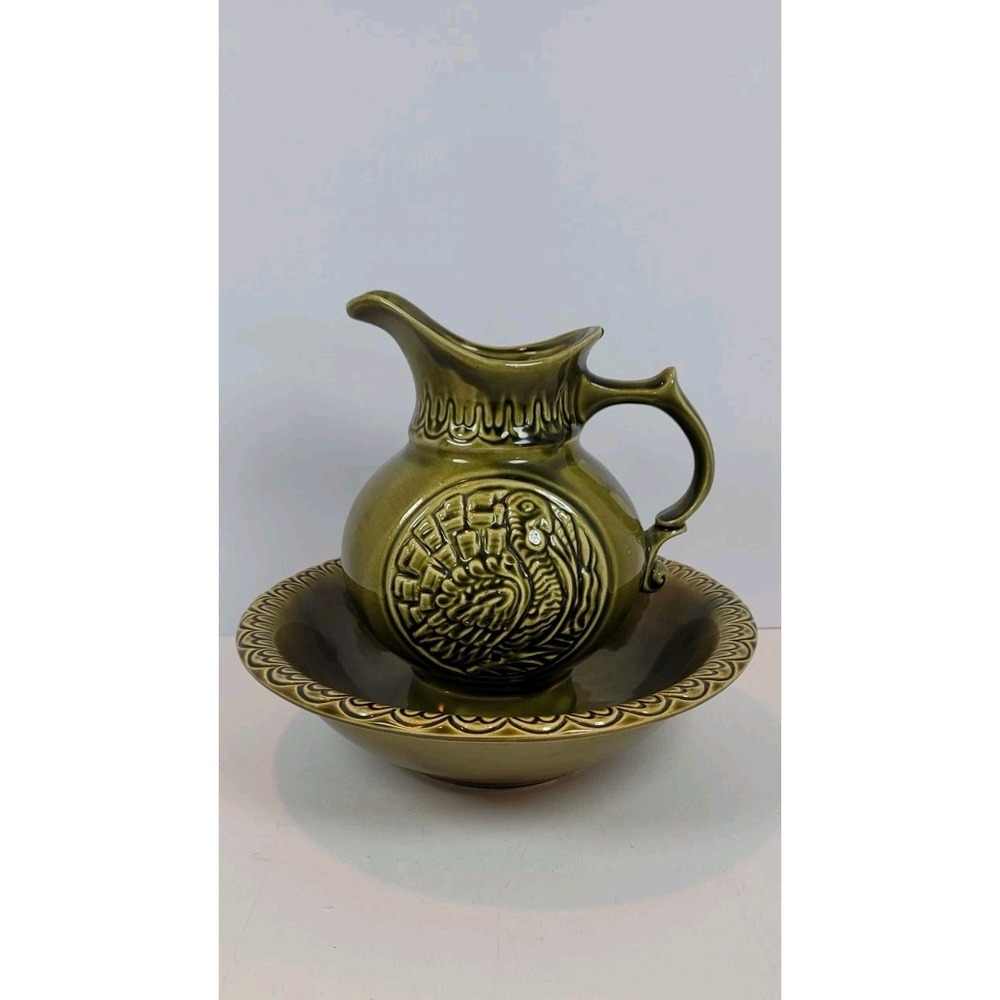 Vintage McCoy Pottery Thanksgiving TURKEY Wash Basin & Pitcher Olive‎ Green